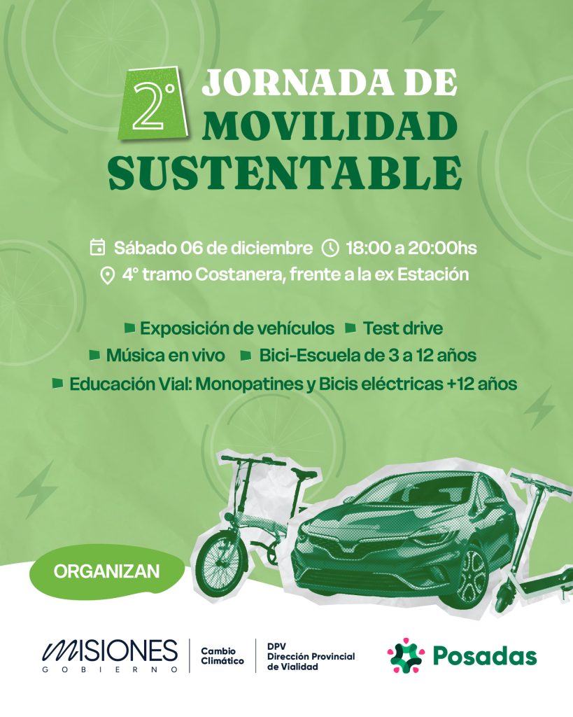 jornada de movilidad sustentable en posadas, con vehículos eléctricos monopatines y bicis. organiza Cambio Climático Misiones, Vialidad Provincial y Municipalidad de Posadas